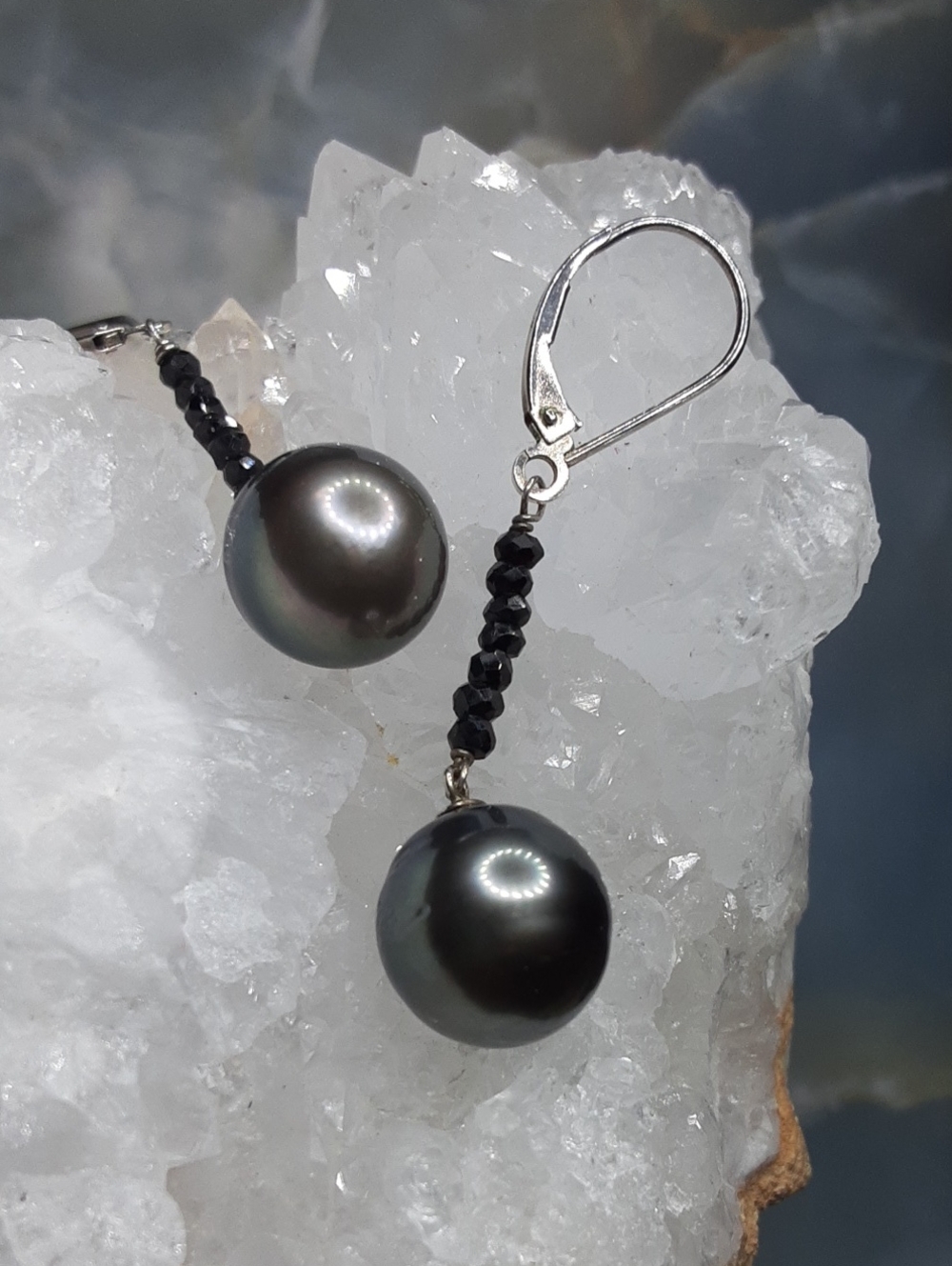 925 Tahitian Pearl,  black Spinel earrings